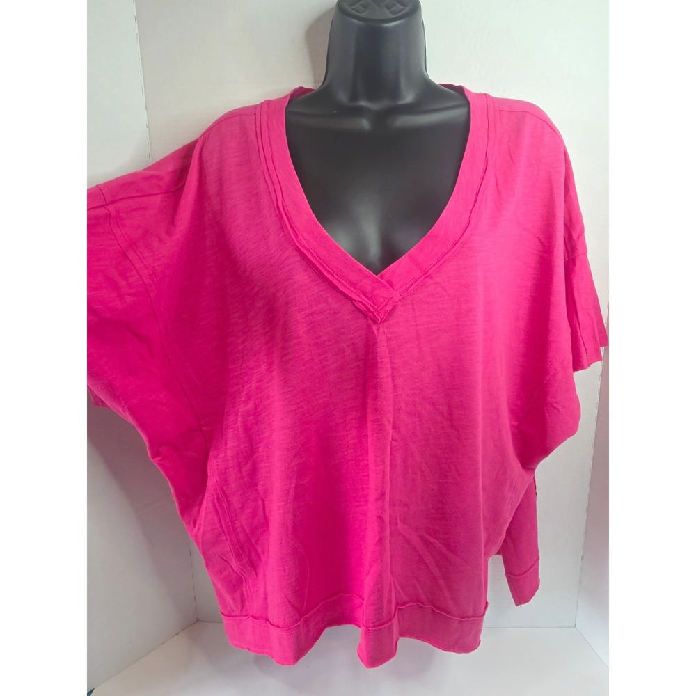 Double Zero Hot Pink Cotton Slub V-Neck VERY Oversized Top Dolman Sleeve SZ L